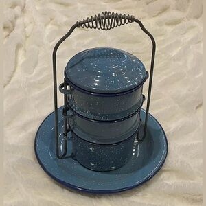 Vintage Graniteware Enamelware Stackable Lunch/Tiffin Canister Set W/Stand+Plate